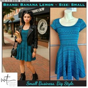 Banana Lemon Blue Black Aztec Print Fit & Flare Cap Sleeve Dress Women’s Small